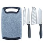 Glad Knife Set with Cutting Board, 5 Pieces | Sharp Santoku and Utility Knives with Blade Covers and Plastic Chopping Block | Kitchen Cooking Accessories,Gray