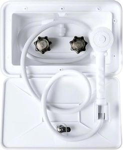 DSRTLP RV Exterior Shower Box Outdoor Camper Trailer Shower Kit with Shower Faucet Shower Head and Hose Wall Box Portable use for Camper Van Travel Trailer Motorhome and Boat (White)