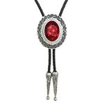 HAISWET Genunie Leather Native Western Red Rhinestone Statement Bolo Tie Silver Tone