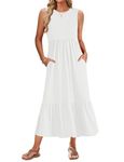 WNEEDU Womens Summer Dresses 2024 Sleeveless Maxi Dress Crewneck Casual Flowy Tiered Swing Dress with Pockets, White L