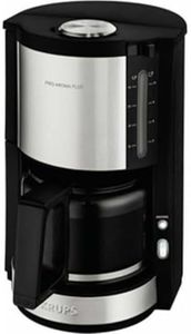 Krups KM321 Proaroma Plus Macchina da caffè con recipiente in vetro, 10 tazze, 1100 W, design moderno, Nero con inserti in acciaio inox