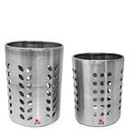 Nutristar Stainless Steel Cutlery or Flatware Holder Cups Pair. Cylindrical Spoon or Brush Stand for Kitchen or Bathroom. Colour Steel Grey, Size 7 cm x 9 cm and 8 cm x 10 cm, Pack of 2 (Diferent Sizes)