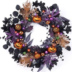 Valery Madelyn Collapsible Halloween Wreath for Front Door with Lights, 24 Inch Pre-Lit Jack-o'-Lantern Pumpkin Wreath Halloween Decorations for Centerpiece Window Indoor Party Holiday Wall Home Decor