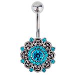 316L Surgical Steel 14 Gauge Belly Ring/Navel Button Piercing/Bananabell/Barbell With Round Flower Decoration and Blue Rhinestones/Crystals