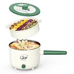 Electric Hot Pot with Steamer, Portable Nonstick Frying Pan with Dual Power Control, Electric Shabu Shabu Cooker for Noodle, Oatmeal, Pasta, Ramen, 1.5L (Green)