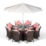 Savannah 8 Seater Brown Rattan Dining Table & Chairs with Ice Bucket Drinks Cooler | Outdoor Poly Rattan Garden Dining Furniture Set with Parasol & Cover