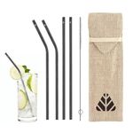 Rusabl Pack of 4 Stainless Steel Straws with Cleaning Brush, Reusable Metal Straws in Jute Pouch for Kids & Adults (2 Straight & 2 Bent, Black)