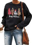 UNIQUEONE Merry Christmas Graphic Sweatshirt Women Ugly Christmas Tree Sweaters Drop Shoulder Long Sleeve Pullover Tops Black