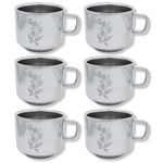 WALKN Stainless Steel Double Wall Floral Tea/Coffee Cups/Mugs for Home, Office | Set of 6, 80ml Capacity | Lightweight, Portable, Reusable, Easy to Clean | Hot & Cold Beverage | Silver