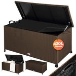 CASARIA® 420 Litre Polyrattan Garden Storage Box with Wheels | Waterproof UV Resistant | Inner Lining | 122x56x61cm Patio Furniture Cushion Chest with Gas Pressure Lift Lid | Brown