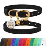 BRONZEDOG Leather Cat Collar with Bells Non Breakaway Kitten QR Tag for Girl Boy (Black & Gold, 7-9 inch)