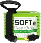 POWGRN 50Feet 30 Amp Generator Extension Cord 4 Prong,Heavy Duty NEMA L14-30P/L14-30R,125/250V 7500W,Green 10 Gauge SJTW Twist Locking Generator to House Power Cords with Cord Organizer,ETL Listed