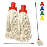 Colour Coded Floor Mop Set – 120cm Long Aluminium Mop Handle and Pack of 2 String Mop Heads Replacement for Domestic and Commercial Cleaning (Red)