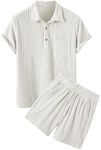 ZAFUL Men Set Polo Shirt Solid Color Texture Button Up Corduroy Beach Shirt and Drawstring Shorts Set White L