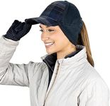 Women's Winter Ponytail Hat | Trucker Hat with Drop Down Ear Warmers - Blue Plaid