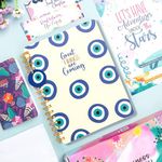 Doodle B5 Happiness Planner Kit - Start Anytime of the Year Planner | 268 Pages | 12 Monthly Planners | To Do List | 18 Activity Pages | 250+ Stickers | Pocket Notebook | Pin up Quote Cards | Wiro Bound (Evil Eye Charm )