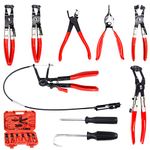 Swpeet 9Pcs Red Long Reach Flexible Wire Spring Hose Clamp Pliers Remover Assortment Kit, Clic R Type Angled Swivel Jaw and Flat Band Pliers for Automotive Radiator Heater and Water Hose