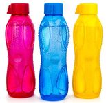 SignoraWare Aqua Drop Plastic Water Bottle, BPA Free Food Grade, Wide Mouth with Anti Slip Grip, Fridge Safe Bottles, Muti Use - Kids Adults Boys Girls (Set of 3 Buy 2 Get 1 Free Assorted Colours)