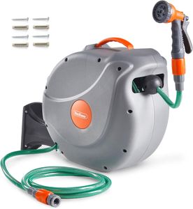 VonHaus 30m Wall Mounted Retractable Hose Reel – Auto Rewind, 8-Function Spray Gun