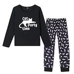 MyFav Women's Long Sleeve Pyjama Sets Cat Print Sleepwear Top with Pants Lounge Pjs Nightwear(A-Black,XS)