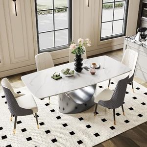 POVISON 94" Hobart Modern Dining Table for 8-10, Matte White Rectangle Dining Table, Sintered Stone Dining Tabletop with U-Shape Carbon Steel Pedestal (Table Only)