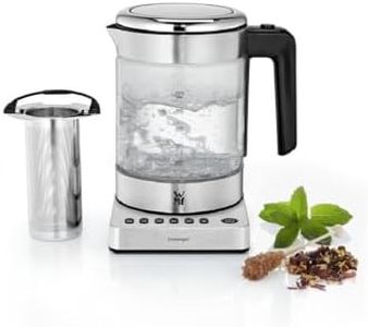 WMF KITCHENminis Bouilloire théière électrique en verre, 1 L, 1900 W, 5 niveaux de température, Maintien au chaud, Sans Fil, Qualité Schott Duran, Filtre thé intégré, Design Inox & Compact 0413180012