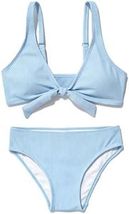 MIENOE Teen Girls' Swimsuits Two-Piece V-Neck Bow Kids Bikini Swimsuit Solid Color Adjustable Shoulder Straps Girls Sky Blue Bikini (Size 10-12Years)