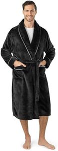 PAVILIA Mens Soft Robe, Plush Warm Bathrobe for Men, Long Spa Robe with Shawl Collar, Pockets, Trim Piping (Black)