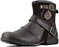 DBECK Moto Boots for Men Western Cowboy Fashion Side Zipper Buckle Leather Chukka Casual Shoes Anti Slip Vintage Ankle Motorcycle Combat Dress Martin Outdoor Hiking Shoes, Coffee Color