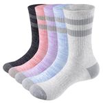 YUEDGE Womens Striped Cotton Crew Socks For Women Ladies 6-11 Uk, Moisture Wicking Cushioned Gym Golf Tennis Running Walking Athletic Sports Socks, 5 Pairs