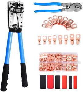 HKS Battery Cable Lug Crimping Tool 10-1 AWG with Cutter, 60Pcs Copper Ring Terminals & 60Pcs 3:1 Heat Shrink Tubing, Heavy Duty Wire Crimper Set for Battery Cables