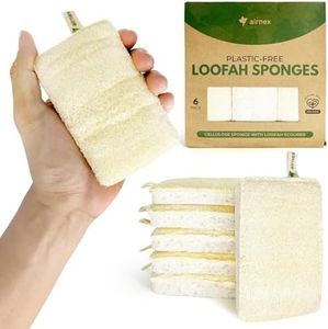 Natural Loofah Sponges for Dishes - Compostable Loofah and Cellulose Kitchen Sponges Pack of 6 - Plastic Free Loofah Dish Sponges Kitchen with Cotton Hanging Loop