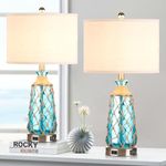 Ruzectt 25.5" Coastal Glass Table Lamps Set of 2, 3-Way Dimmable Touch Control Bedside Lamps with 2 USB Ports and AC Outlet, Blue Nautical Nightstand Lamps for Bedroom Living Room (LED Bulbs Included)