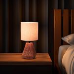 KUNJOULAM Rattan Table Lamp, 14" Small Nightstand Bedside Lamp with Linen Fabric Lampshade, Desk Lamp Room Decor for Bedroom Living Room Home Office