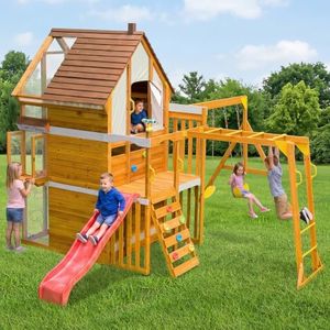 Playground Sets for Backyard with Playhouse, Wooden Swing Sets with Loft,Balcony, Garage, Store Window, Slide, Monkey Bars, Rock Climbing Wall, Outdoor Playset for Kids 3-10