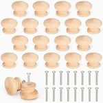 BELLE VOUS 20 Pack Round Unfinished Wood Knobs with Screws - 3.4 x 2.5cm / 1.34 x 0.98 Inches - Natural Wooden Birch Door Knob Hardware - Furniture Cabinet, Wardrobe, Cupboard & Drawer Pull Handles