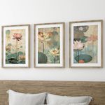 Zen Lotus Flowers Wall Art Set of 3 Unframed Poster Prints, Botanical Plant Decor, Living Room Bedroom Bathroom Poster Home Decor, Digital Art, Calming Relaxing, Pink White Green (A4)