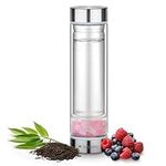 Navaris Crystal Water Bottle with Rose Quartz - 450 ml - Wellness Glass Bottle with Tea Strainer - Spiritual Bottles with Gem Stones & Neoprene Sleeve