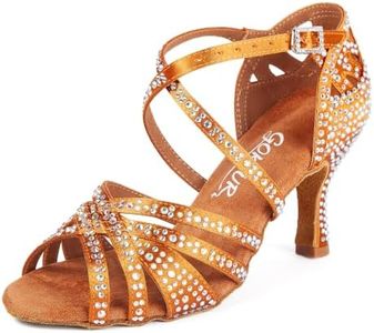 GOKTUR Women's Latin Dance Shoes Rhinestone 2.2" Heel Professional Satin Ballroom Salsa Performance Dancing Shoes (Brown 3inch Heels, Adult, Women, 8, Numeric, US Footwear Size System, Medium)