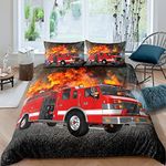 Loussiesd Fire Truck Car Bedding Set Fire Engine Pattern Duvet Cover For Kids Children Teens Firefighter Firemen Comforter Cover Red Truck Bedspread Cover Bedroom Decor Quilt Cover 3Pcs Double Size