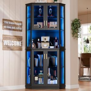 Loomie 71'' Corner Wine Bar Cabinet with LED Lights,5-Tier Tall Home Liquor Coffee Bar Cabinet W with Tempered Glass Door & Glasses Rack, Alcohol Cabinet Storage Hutch for Kitchen,Living Room (Black)