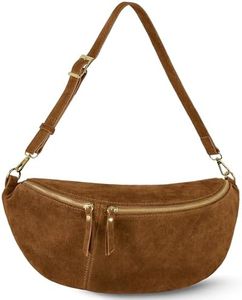 Italian Genuine Suede Crossbody Bag for Women with Zipper & Detachable Strap | Large Travel Chest Sling Fanny Pack (Mocha)