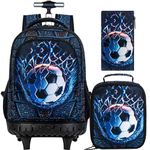 3PCS Soccer Rolling Backpack for Boys, Kids School Backpacks with Wheels, Water Resistant Roller Wheeled Bookbag Set with Lunch Box