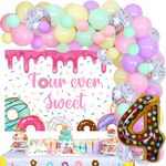 Donut 4th Birthday Party Decorations, Four Ever Sweet Birthday Decorations - Macaron Balloon Garland Kit with Doughnut Foil Balloons, 5 x 3 Ft Donut Backdrop, Number 4 Foil Balloon