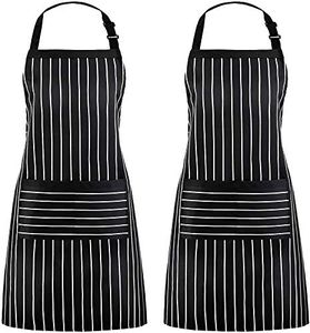 Puroma 2 Pack Adjustable Bib Apron Waterdrop Resistant with 2 Pockets, Unisex Cooking Kitchen Aprons for Women Men Chef Couple, Black/White Pinstripe