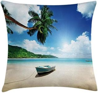 Ambesonne Tropical Throw Pillow Cushion Cover, Wooden Boat Seychelles Beach with Palm Trees Paradise Ocean Scenery, Decorative Square Accent Pillow Case, 16 X 16 Inches, Beige Hunter Green Blue