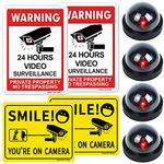 Fake Security Cameras, Includes 4 Dummy Flashing LED Light Cams, 2 Metal Surveillance CCTV Warning Signs, 2 Smile You are On Camera Sticker - Great for Building, Home, Offices Indoor & Outdoors