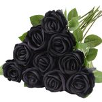 N&T NIETING Artificial Roses Silk Fake Flowers with Long Stem, 10pcs Realistic Roses for DIY Bridal Bouquets Wedding Decoration Table Centerpiece Party Halloween Home Decor(Black)