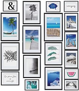BOMOE Paradise Lot de 18 Cadres Photo 6x 10x15 cm, 4x 13x18 cm, 4x 18x24 cm, 4x 20x30 cm – Cadre Murale Décoratif pour Collages de Photo Passepartout – Cadre Photo Noir Plastique et Verre Plastique