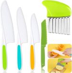 Kid Knife Set, 5 Pcs Montessori Kitchen Tools for Toddlers, Cooking Sets, Plastic Cutting Board Grip Serrated Edges for Vegetables Fruits Bread Cake